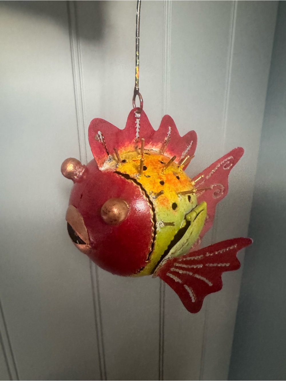 Whimsical Hand-Painted Metal Fish Hanging Tea Light Candle Holder
